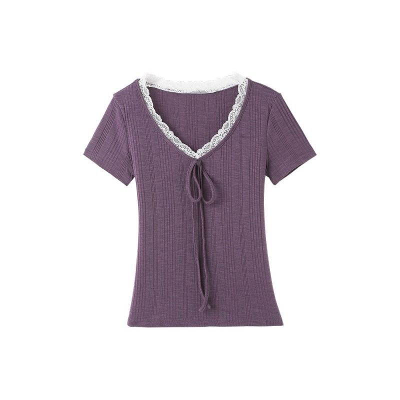 Song Zhengen Purple V-Neck Lace Strap Short Sleeve T-Shirt Women's Summer Korean Slim Skinny Shoulder Versatile Top