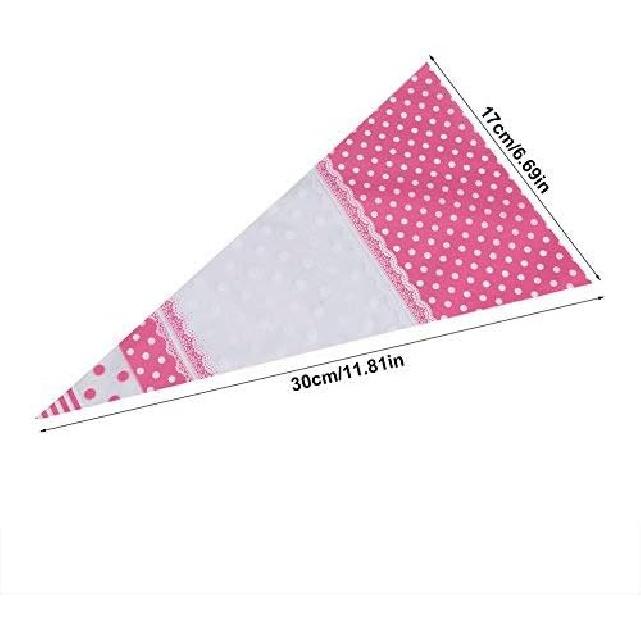 FTVOGUE 50 Piece Clear Cone-Shaped Treat Popcorn Bags Treat Bags Cellophane Candy Bags with Twist Ties(Pink)