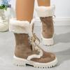 Damen Warme Faux Fur Fleece Gefütterte Faux Wildleder Klobiger Absatz Plateau Schlupfstiefel Schnürung Runde Zehenpartie Mid-Calf Winter Schneestiefel