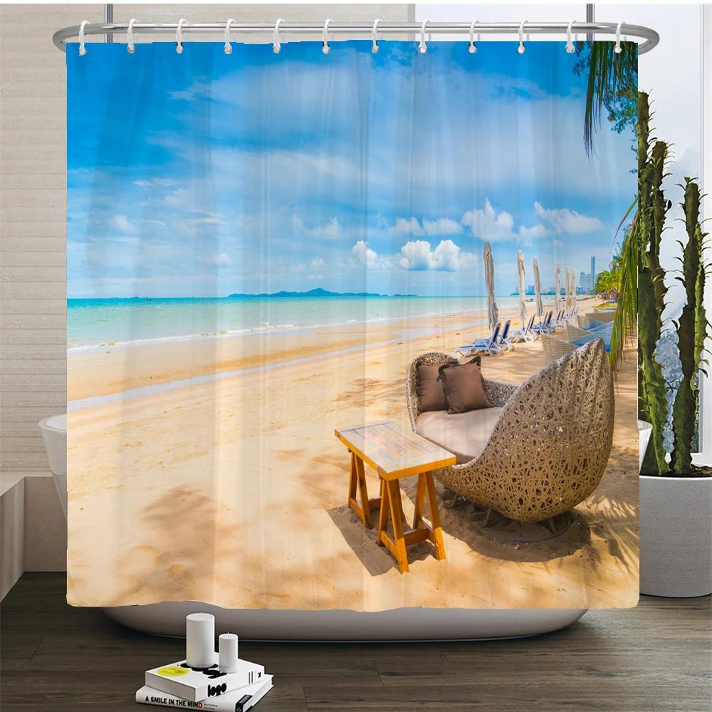 Waterproof Shower Curtain For Bathroom Sunny Sea Beach landscape Print Bathtub Curtains Polyester Bathroom Curtain with 12 Hooks