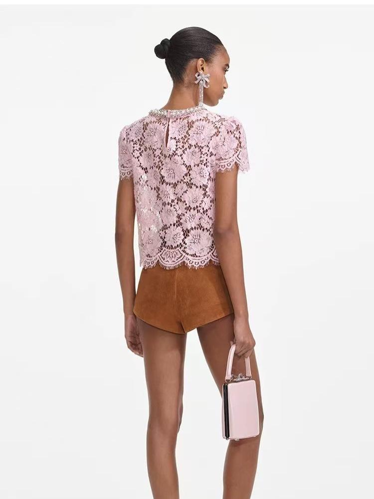2026 Early Spring High-End Sexy Hollow-Out Beaded Short-Sleeve Lace Top for Women