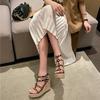 Fashion 2025 Spring Sweet Wedges Hemp Rope Thick Bottom Waterproof Platform Fashion High Heels Roman After Empty Rivet Sandals Woman