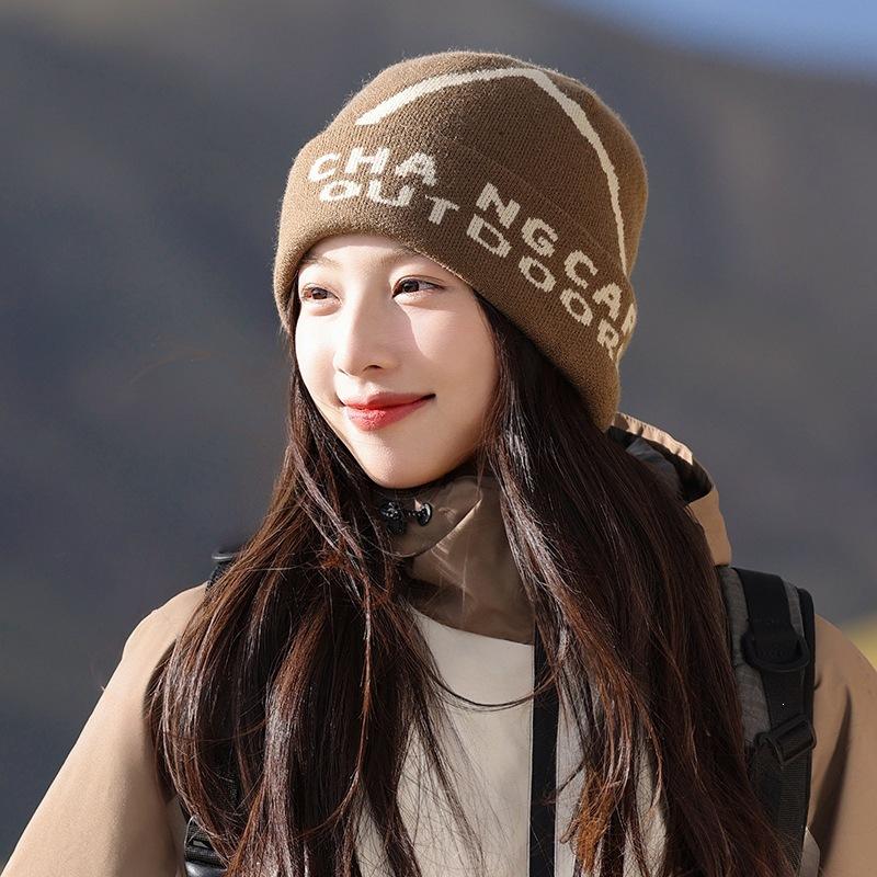 American-style Letter-patterned Knitted Beanie, Women's Warm Pull-on Hat, Men's Face-slimming Beanie, Cold-weather Hat