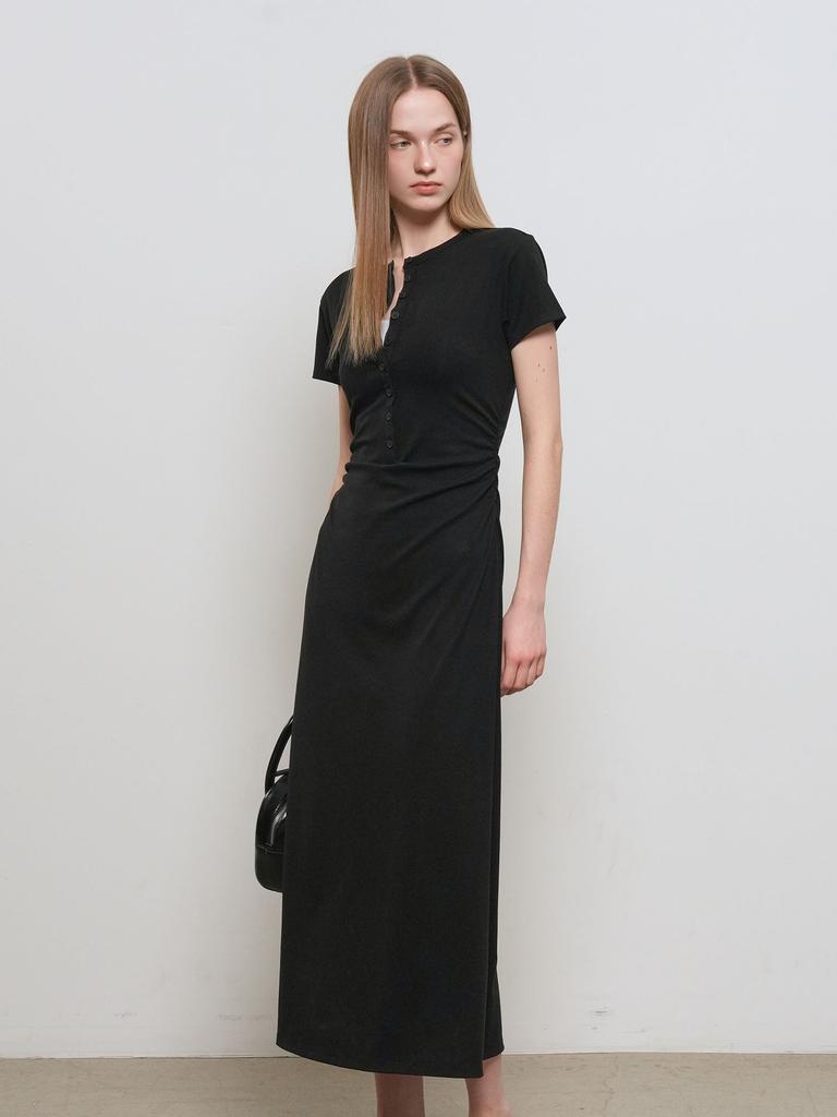 General Idea Fitted Shirred Long Dress [Black] / Gf1Lop506