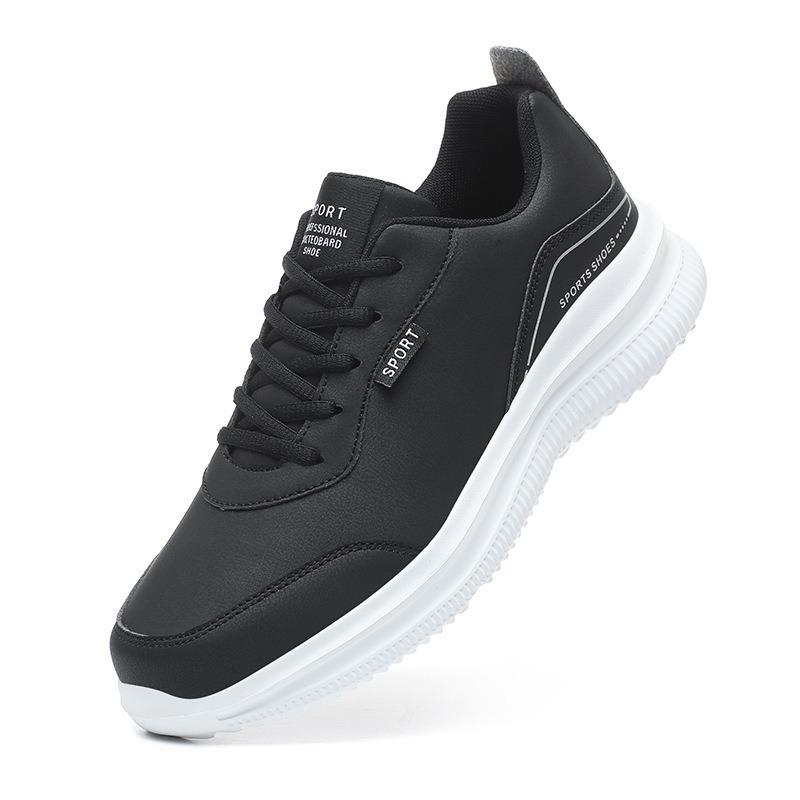 Large Size Sports Shoes Men's Leather Surface Waterproof Casual All Black Running Shoes with Large Soft Soles