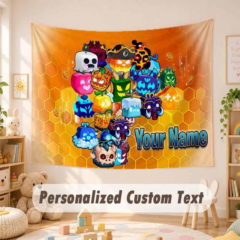 Arazzo Personalizzato con Nome e Testo, Appeso da Parete Boho Blox Fruits, Arazzo Decorativo per Sfondo Stanza