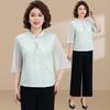 Mom's Summer 2026 Embroidered Two-Piece Set: Short-Sleeved Top and Thin-Style Pants for Middle-Aged Women