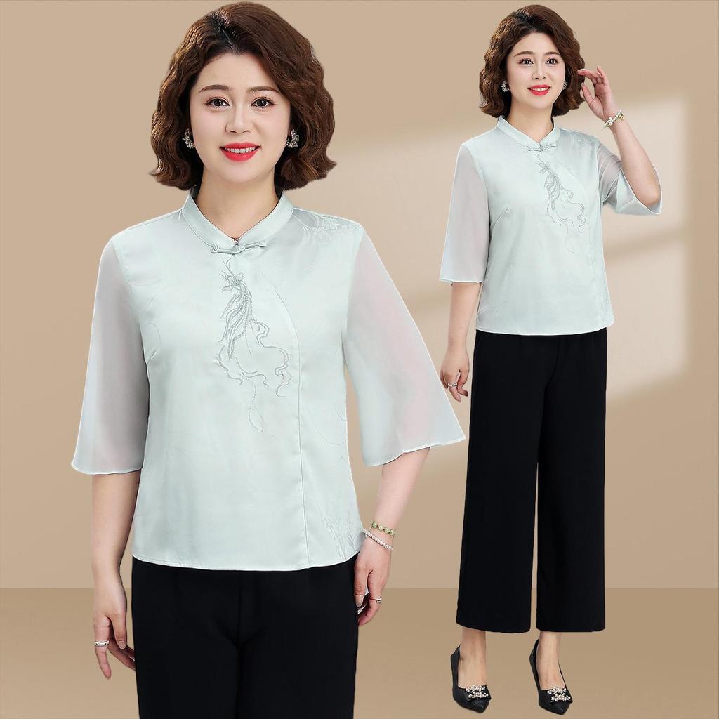 Mom's Summer 2026 Embroidered Two-Piece Set: Short-Sleeved Top and Thin-Style Pants for Middle-Aged Women