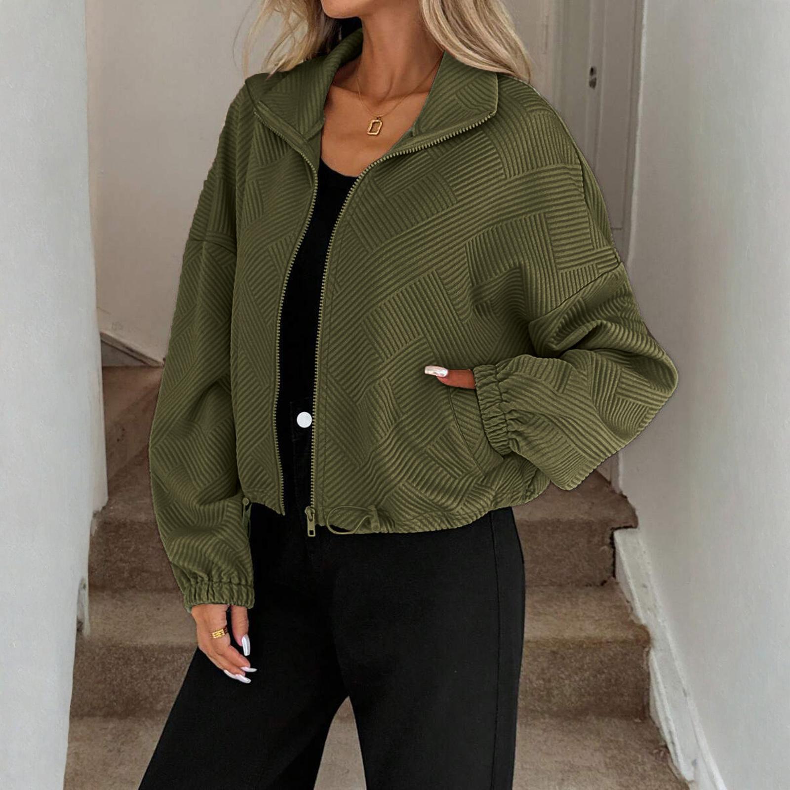 

Women s Fashionable Color Long Sleeved High Neck Zipper Hem Drawstring Pocket Loose Baseball Jacket L армия зеленый