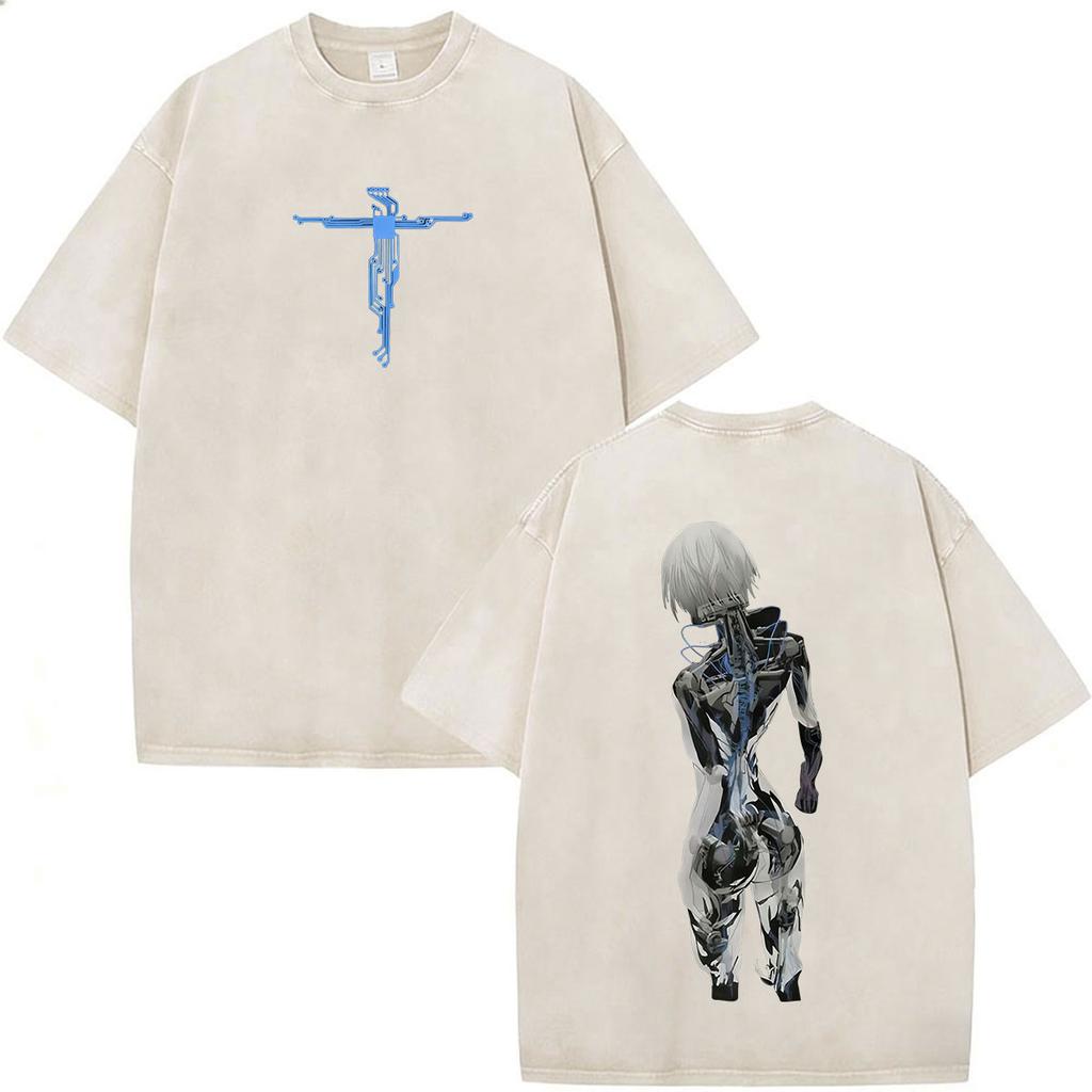 Camisetas Gráficas Vintage Lavadas de Anime Ghost in The Shell Motoko Kusanagi para Hombre y Mujer Moda Camisetas de Manga Corta Oversize