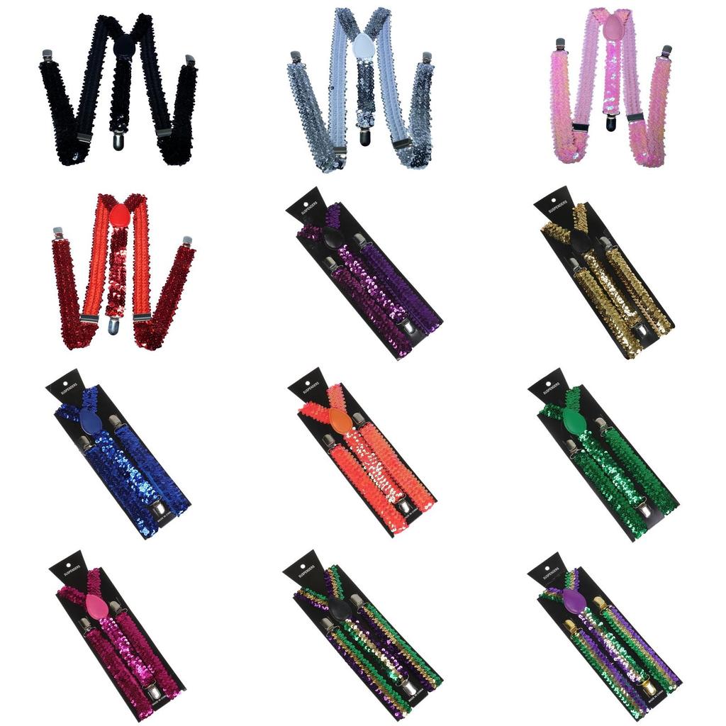Unisex Sequin Y Back Suspenders 3 Clips Adjustable Elastic Braces