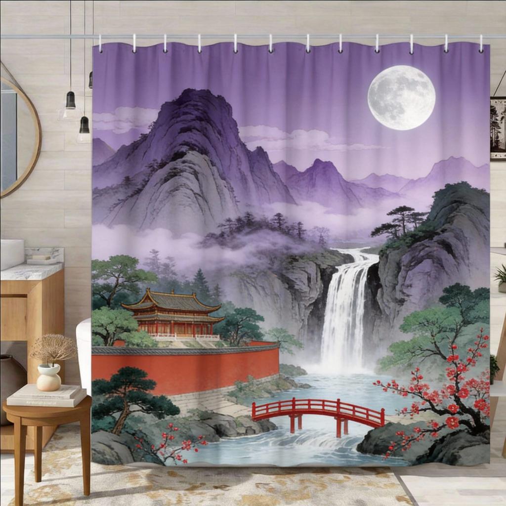 Chinese Landscape Shower Curtain Traditional Pavilion Mountain River Print Polyester Bath Curtain with Hooks for Zen Decor