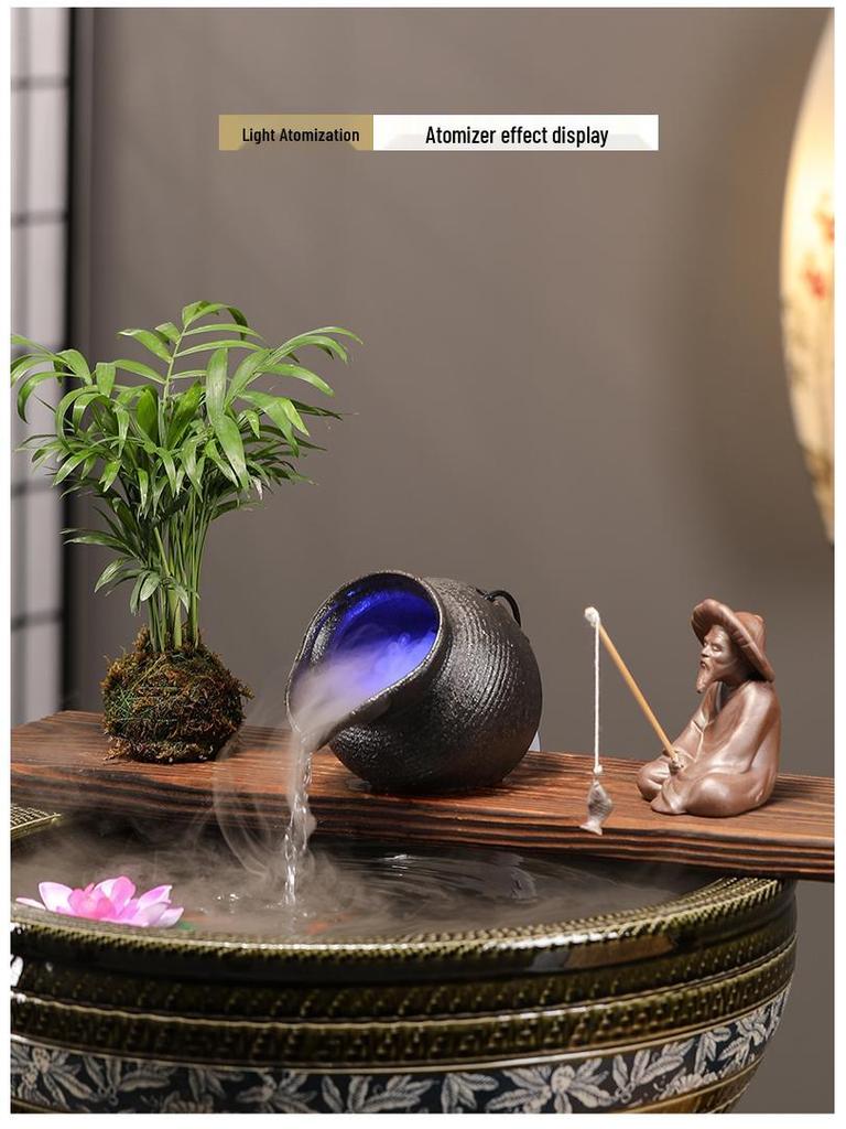 Ancient Method Fish Ecosystem: Flowing Water Pottery Jar with Open Circulation for Creative Landscaping and Balcony Décor.