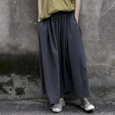 Women Black Gray Vintage Skirts Elastic Waist Autumn Loose Women A-Line Cotton Linen Skirts
