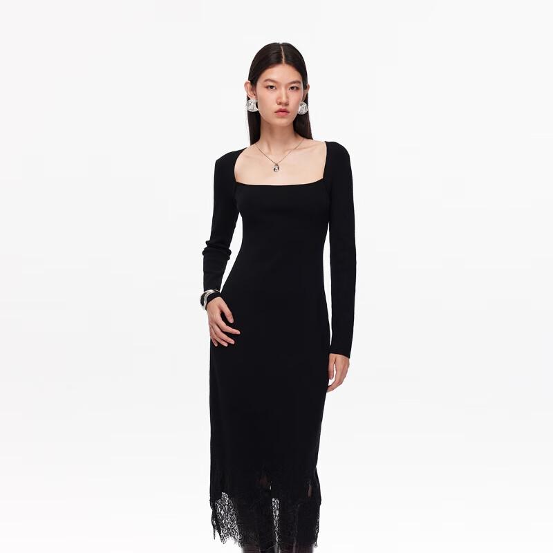 Veromoda Women's Wool Blend Square Neck A-Line Lace-Panel Knit Dress