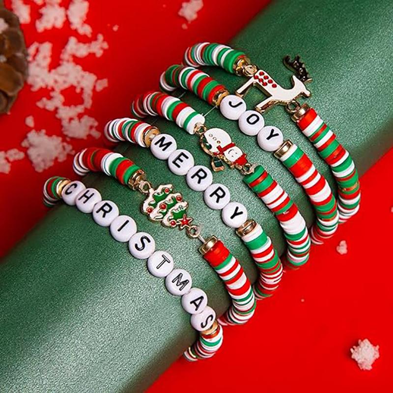 6-Piece Christmas Clay Bead Bracelet Set – Festive Red & Green Stackable Bangles with JOY/MERRY Charms, Xmas Party Gift for Women & Girls