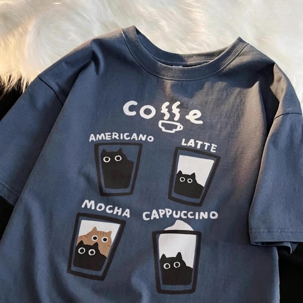 Summer Japanese Cute Cup Cat Print Unisex And Unisex Universal ShortSleeved TShirt Casual LargeSize Top