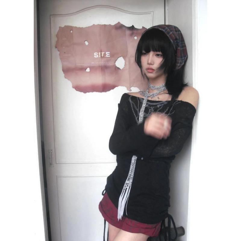 2KWEIRD Japanese Y2k Knitted Tops Grunge Tattoo Print Long Sleeve T-shirt Ribbed Vintage Harajuku Shirring Knitwear 2000s Gothic