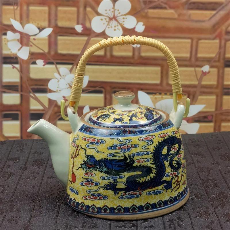 Ceainic din porțelan de uz casnic Oală din ceramică de mare capacitate cu apă rece Oală mare din porțelan, albastru și alb, cu mâner cu buclă