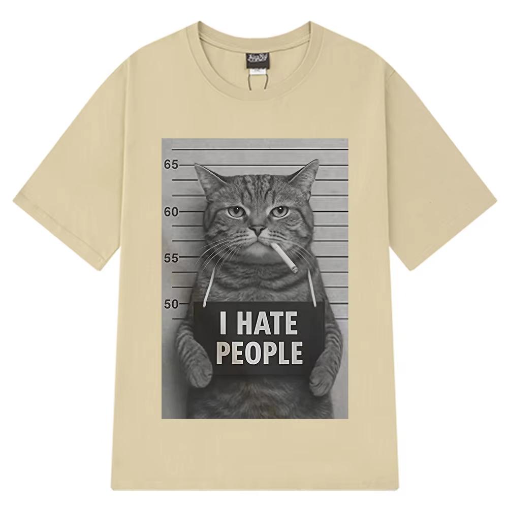 I Hate People Meow Print Tshirt Fun Cat Print T Shirts Men Women Loose Short Sleeve Clothing Harajuku Cotton Casual Tshirts