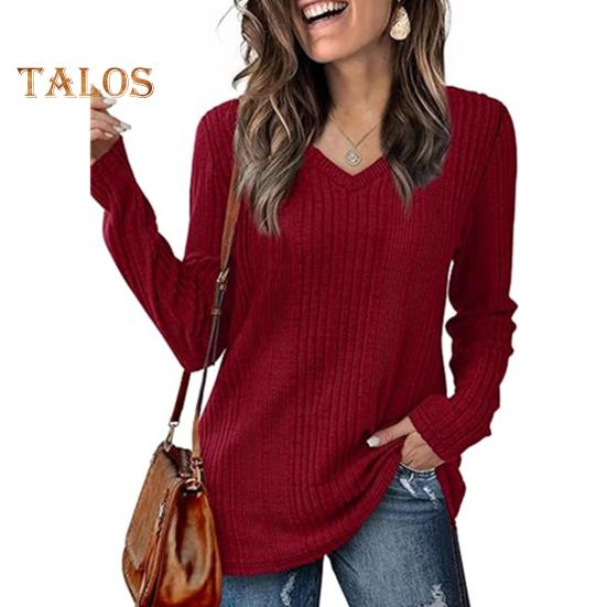 Women Tunic Sweater V-Neck Long Sleeve Solid Color Ribbed Casual Tops Slim Fit Knitted Loose Fit Fall Tops