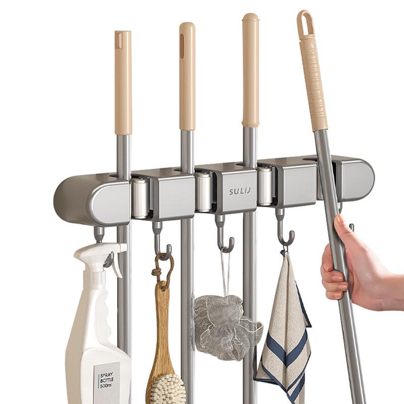 Adhesive No-Drill Broom & Mop Wall Mount Clip Hanger