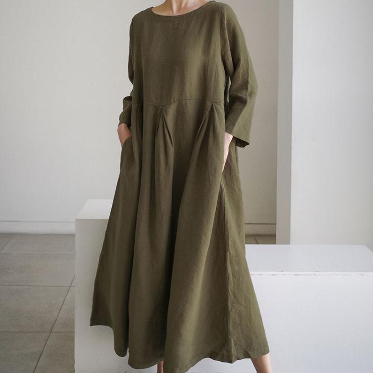 2024 Oversized Plus Size Cotton Linen Dress, Round Neck, Solid Color Swing Skirt - Japanese Korean Style