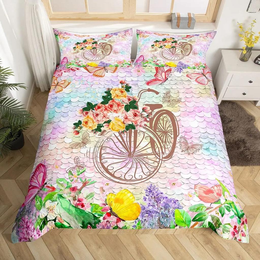 Girls Butterfly Duvet Cover Set Kids Floral Bicycle Bedding Set Fantasy Animals Comforter Cover Flower Bike Spring Bedclothes