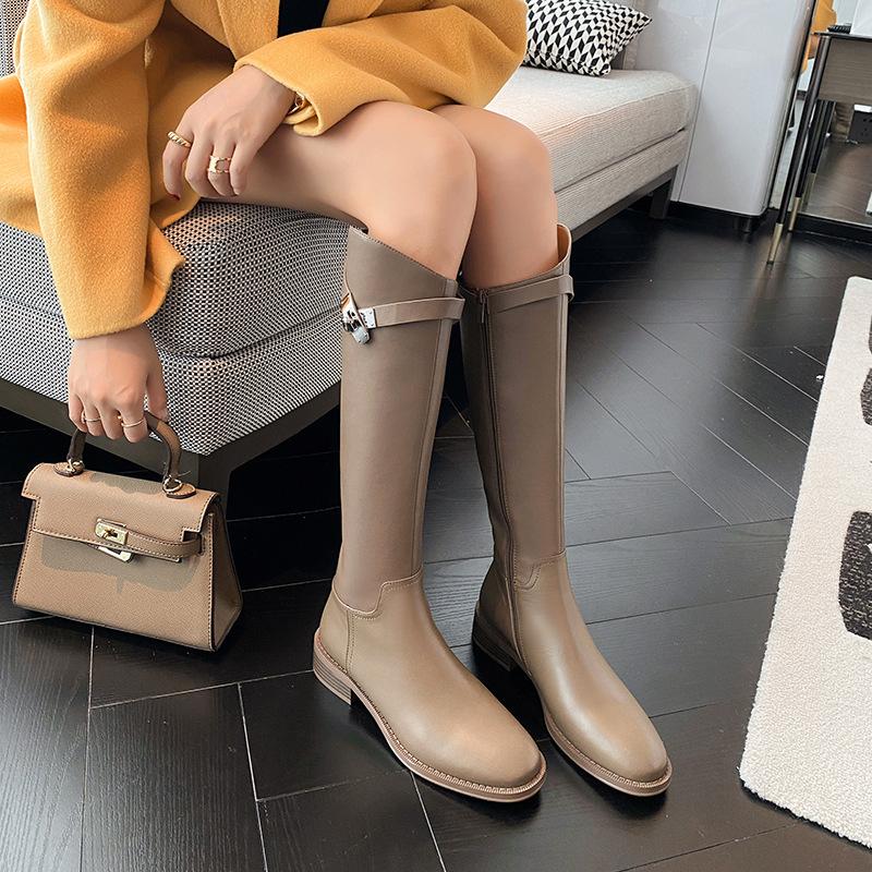 

Grape mother same style~~ Leather boots for women s spring, autumn and winter, but knee versatile casual mid-height knight boots 40