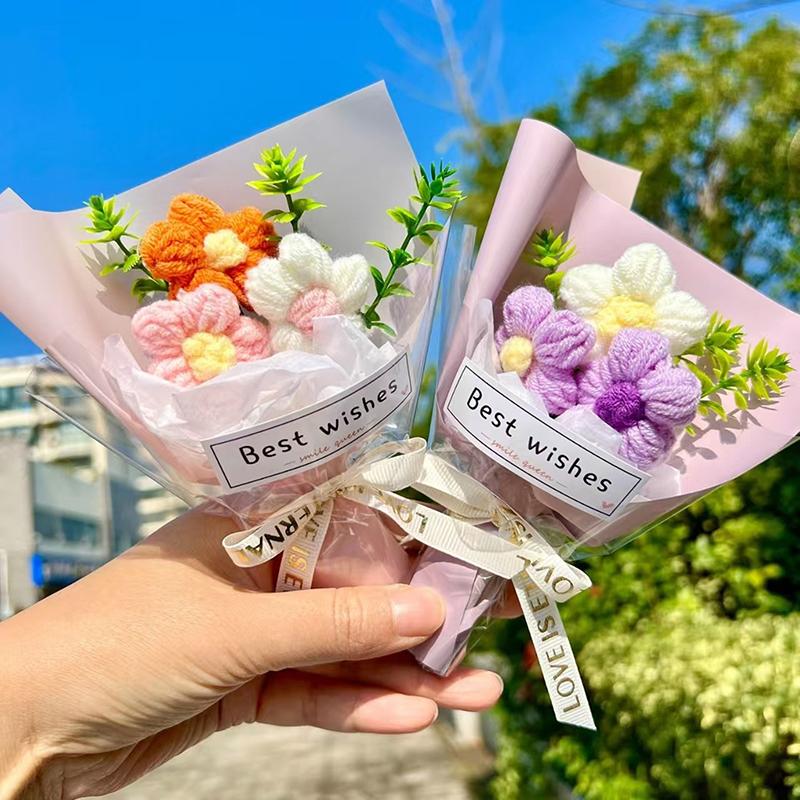 Mini Crochet Flowers Artificial Flower Bouquet Handmade Knitted Flowers Bouquet For Wedding Party Decor Valentine'S Day Gift