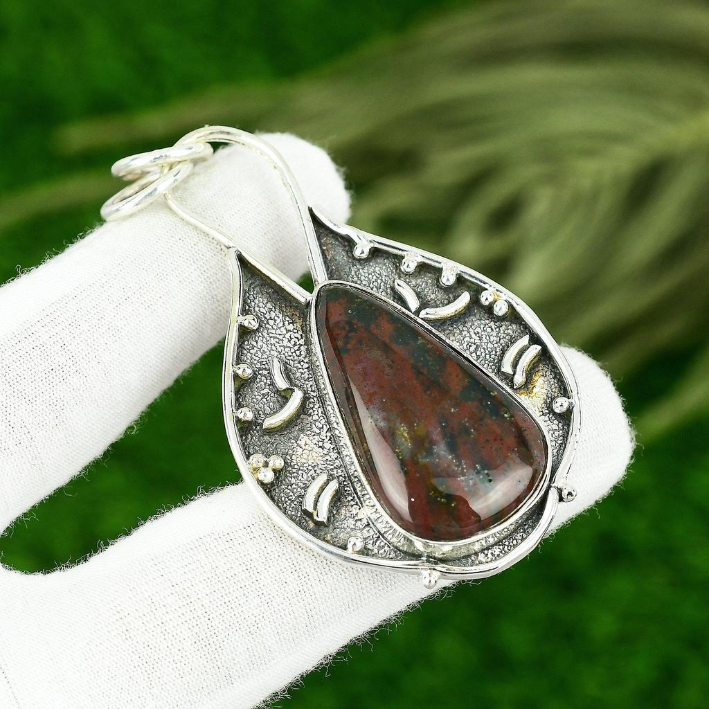 Root Chakra Pear Bloodstone Gemstone Sterling Silver Trendy Sister Boho Pendant