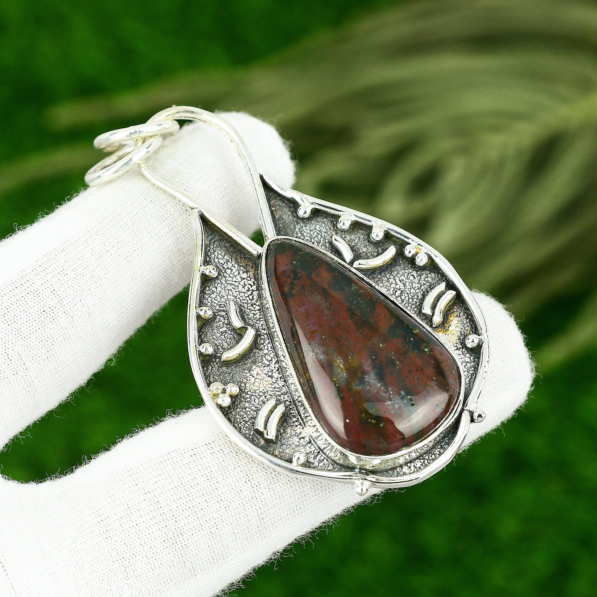 

Root Chakra Pear Bloodstone Gemstone Sterling Silver Trendy Sister Boho Pendant