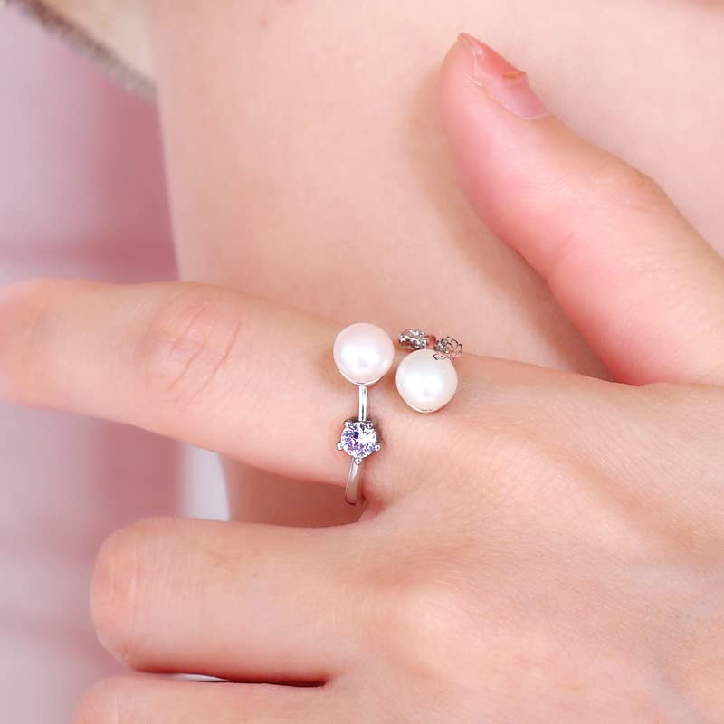 Leaf Natural Genuine Pearl Pearl Bride Cubic Zirconia Ring Ring Large 7mm Freshwater Pearl Single 925 Silver White 5ACZ Diamond Birthday Present Gift