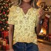 Women's Stylish Casual Christmas Print V-Neck Short Sleeve Button Up T-Shirt Top