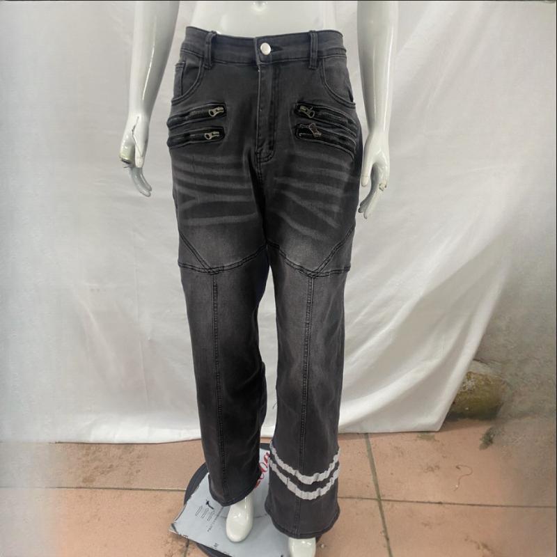 European and American trend straight tube loose washed distressed printed jeans
