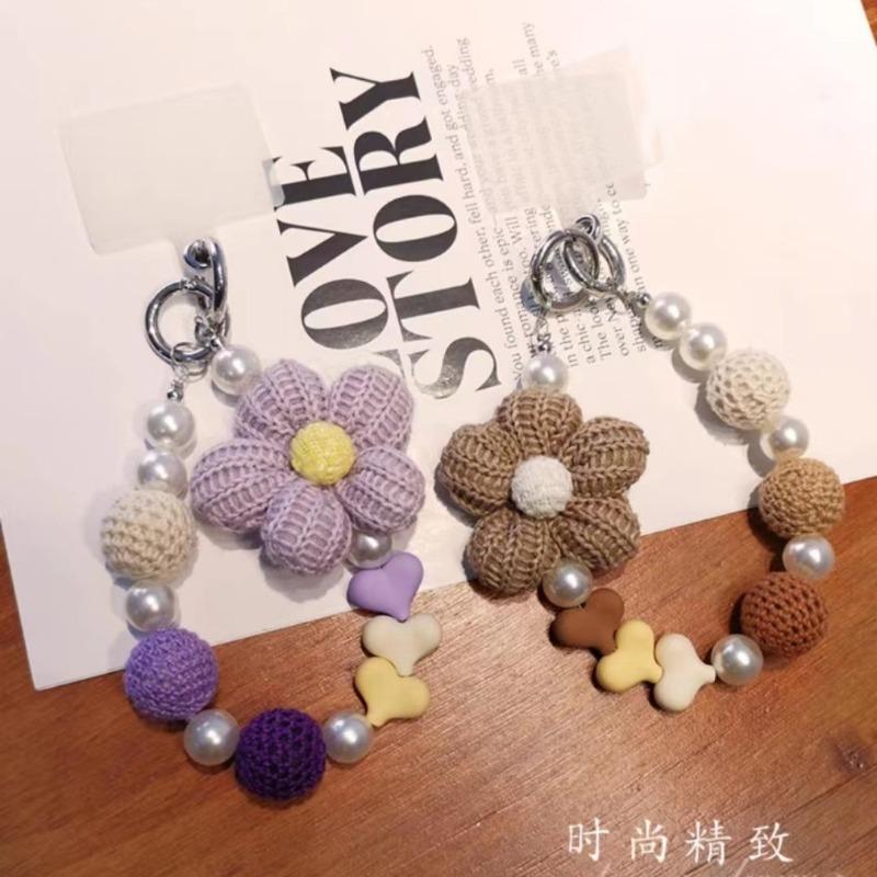 Kurze Handgemachte Wollblume Liebes Tasche Perlen Anhänger Internet Berühmtheit Handy Lanyard Tragbare Kette Lanyard