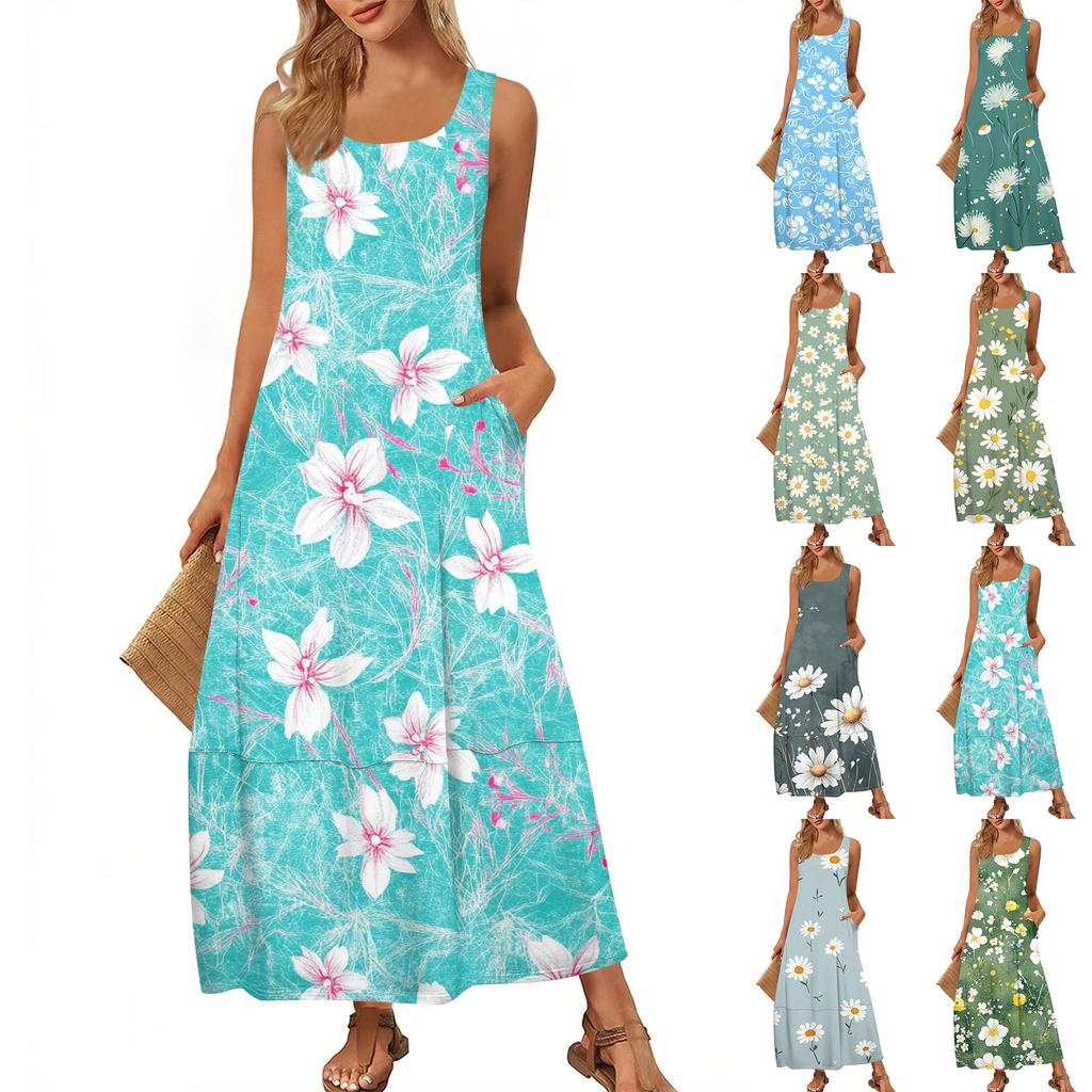 Lässiges bodenlanges Sommerkleid für Damen, Sommer-Strandkleid, Rundhalsausschnitt, ärmellos, lockerer Aufdruck