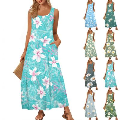 Women's Casual Floor-length Sundress Summer Beach Dress Round Neck Sleeveless Loose  Print Sundress