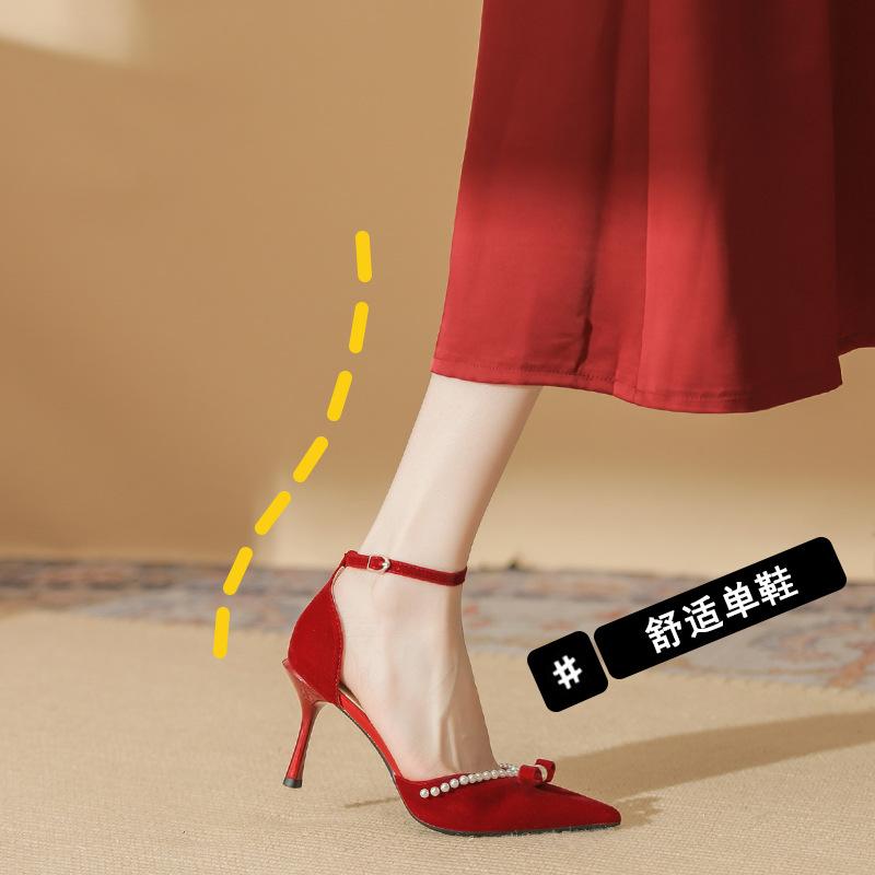 82316 High Heels Women's Thin Heels Spring 2025 New Temperament Bride Shoes Pointed Wedding Shoes One-word Single Shoes