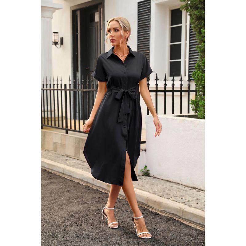 European and American Commuters' Young Polo Collar Single Breasted White Elastic Waistband Lace-up Split Short Sleeve Dress Women Dress