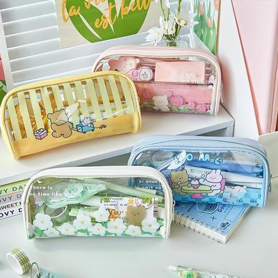 Spring Collection Pen Bag Pencil Case PU PVC Transparent Flower Storage Pouch for Stationery School