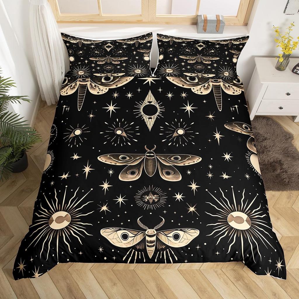 Gothic Moth Duvet Cover Set Queen Twin SizeDreamy Butterfly Animal Rustic Leaves Bedding SetExotic Starry Moon Sky Quilt Cover