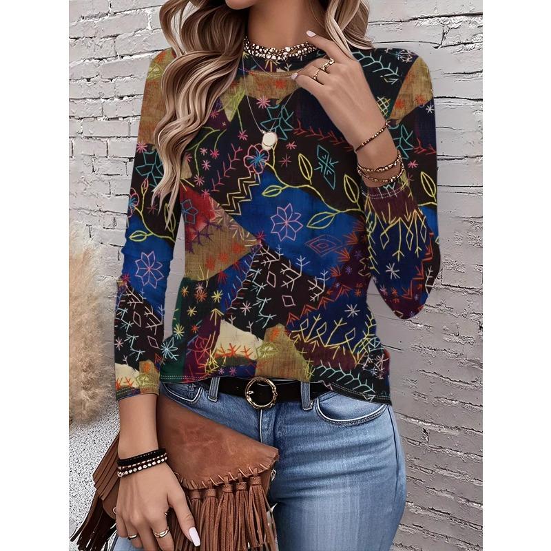 Autumn and Winter Women's Floral 3D Print Crew Neck Long-sleeve T-shirt with Ethnic Style