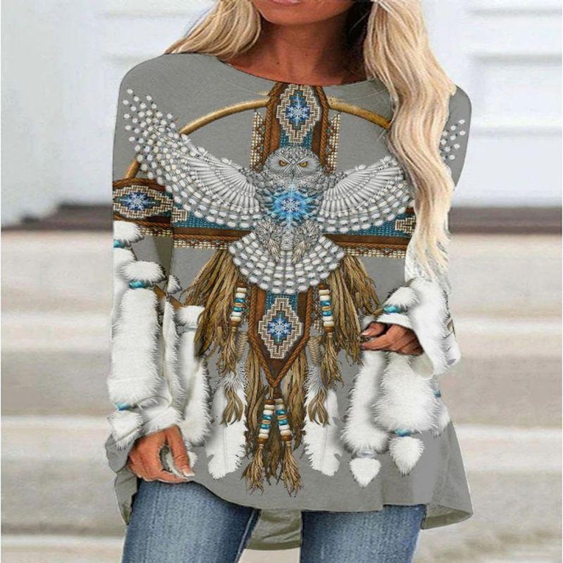 New 3D Ethnic Tribal Style Printed Round Neck Women's T-shirt Long-sleeved Bottoming Shirt Casual Loose Top Breathable Pullover