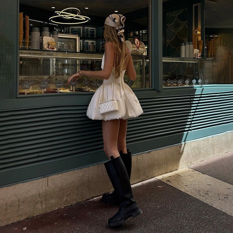 French Style Dress Lace-up Hanging Neck Sexy Backless Slim Fit Slimming Solid Puffy Short Dress Women's Dress