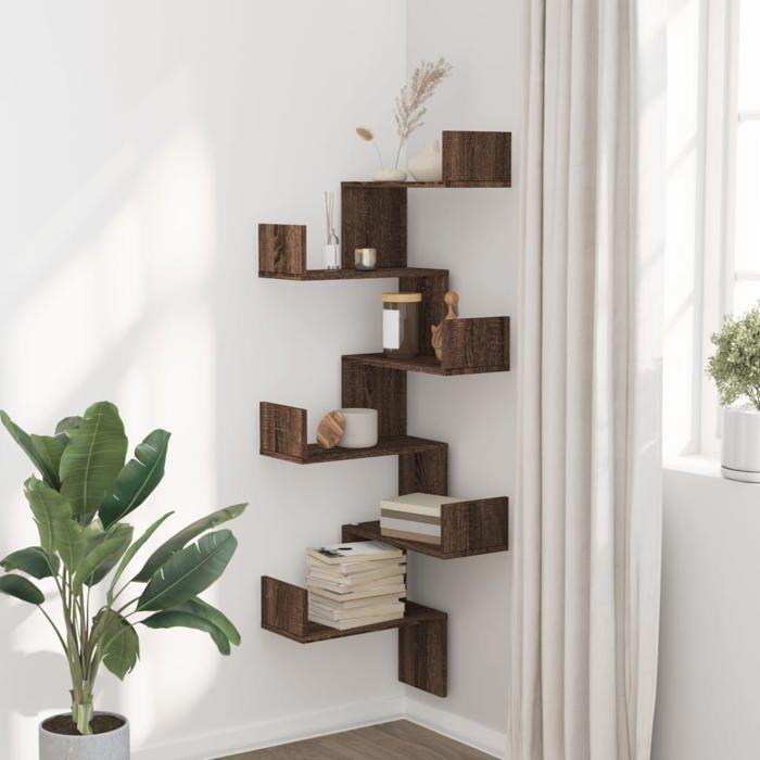 VidaXL Étagère d'angle murale chêne marron 45x45x147cm bois ingénierie, étagère d'angle, étagère suspendue, étagère murale 852642