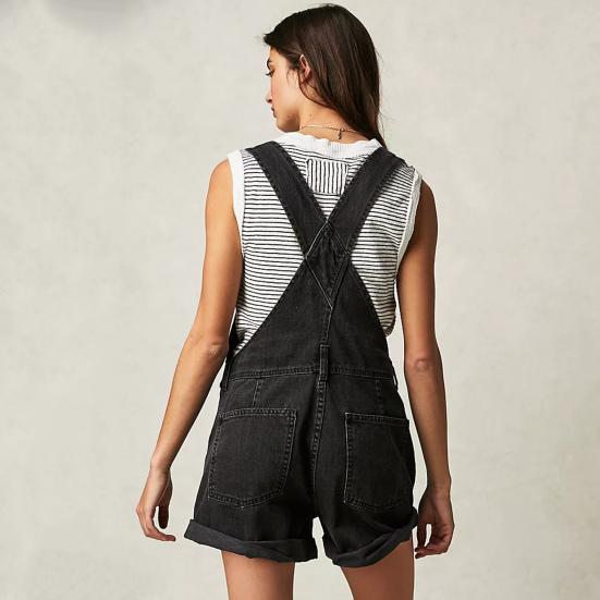 Women Suspender Jeans Denim Shorts Square Neck V-shaped Back Loose Pockets Adjustable Shoulder