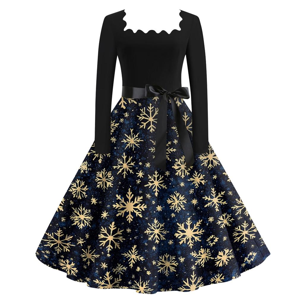 Women's Casual Christmas Print Square Neck Vintage Dress for Holiday Party and Everyday Wear