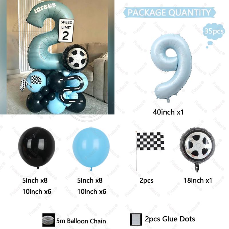 35pcs Tire Balloon Hand Cranked Flag Blue Numbers 1-9 Birthday Balloon Set Racing Themed Party Decoration Kids' Birthday Gift