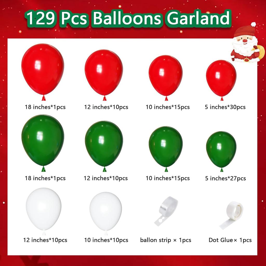 Kit arco ghirlanda di palloncini rosso verde e bianco, 129 archi di palloncini rosso verde per decorazione festa di Natale